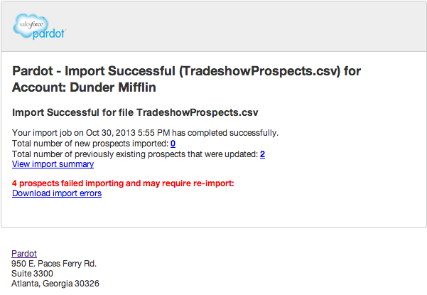 Pardot Import Confirmation with Errors