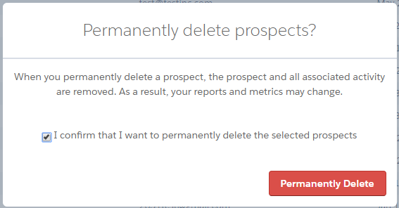 Pardot's Confirmation Pop Up for Permanent Delete