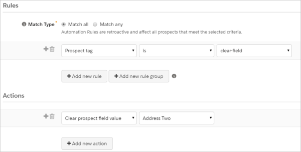 Pardot automation rule clear field value