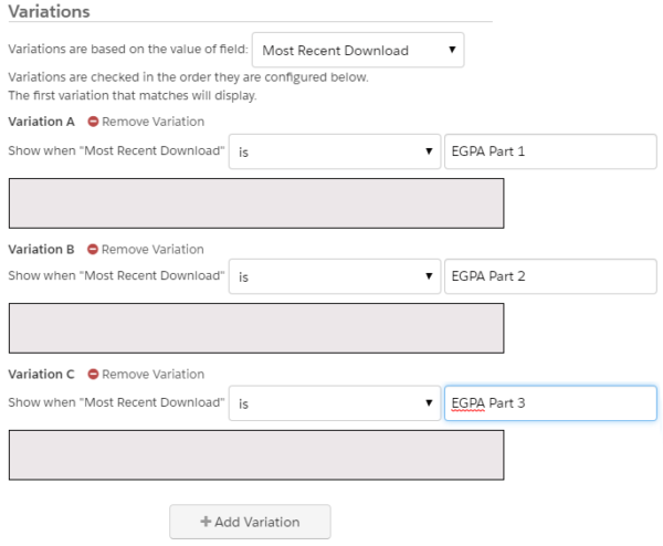 Use the exact names we set in our completion actions for each variation Use the exact names we set in our completion actions for each variation