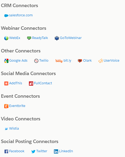 Out of the box connectors available for the Ultimate Edition of Pardot Out of the box connectors available for the Ultimate Edition of Pardot