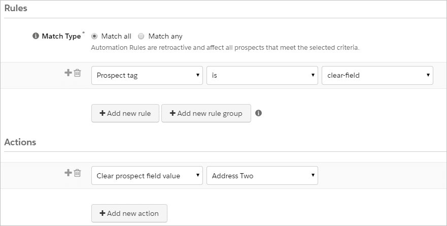 Pardot automation rule clear field value