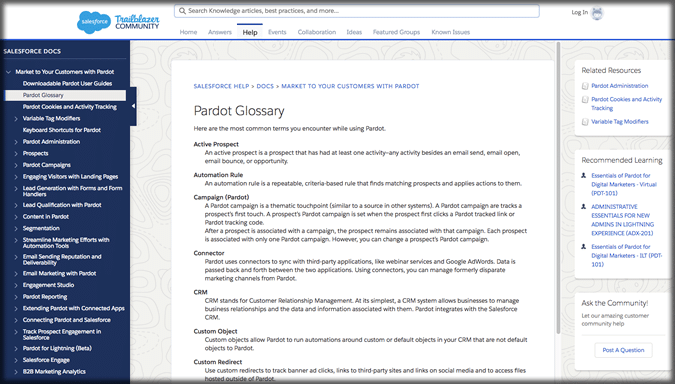 Pardot Glossary in the Salesforce Help Portal