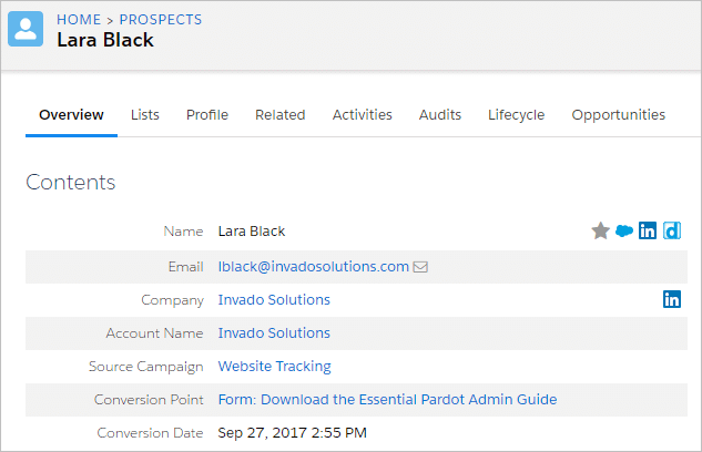 Pardot prospect record showing Source Campaign.