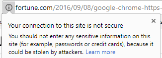 Chrome displaying a NOT secure URL wit expanded information