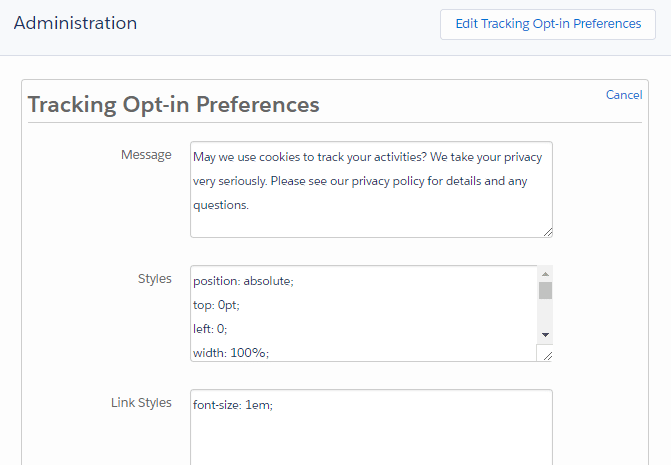 Configure the tracking cookie message and design