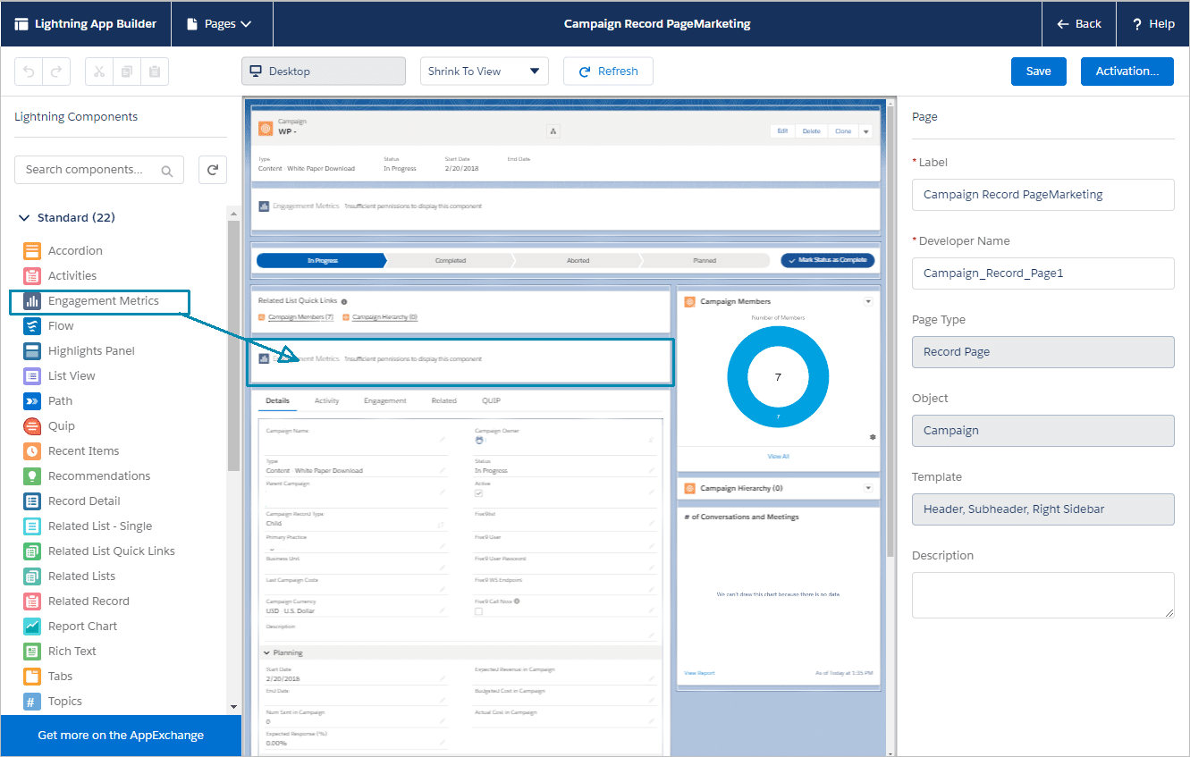 Adding the Engagement Metrics component to your Campaign Page Layout in Lightning.