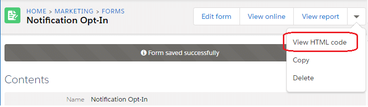 The HTML embed code is found in the little drop down at the top of the Form page