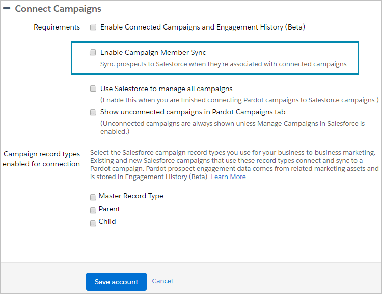 Where to find Campaign Member Sync in the Pardot Connected Campaigns settings.