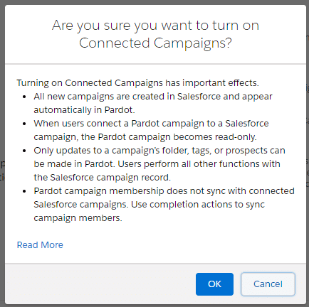 Pardot Connected Campaigns Warning Pop-up box