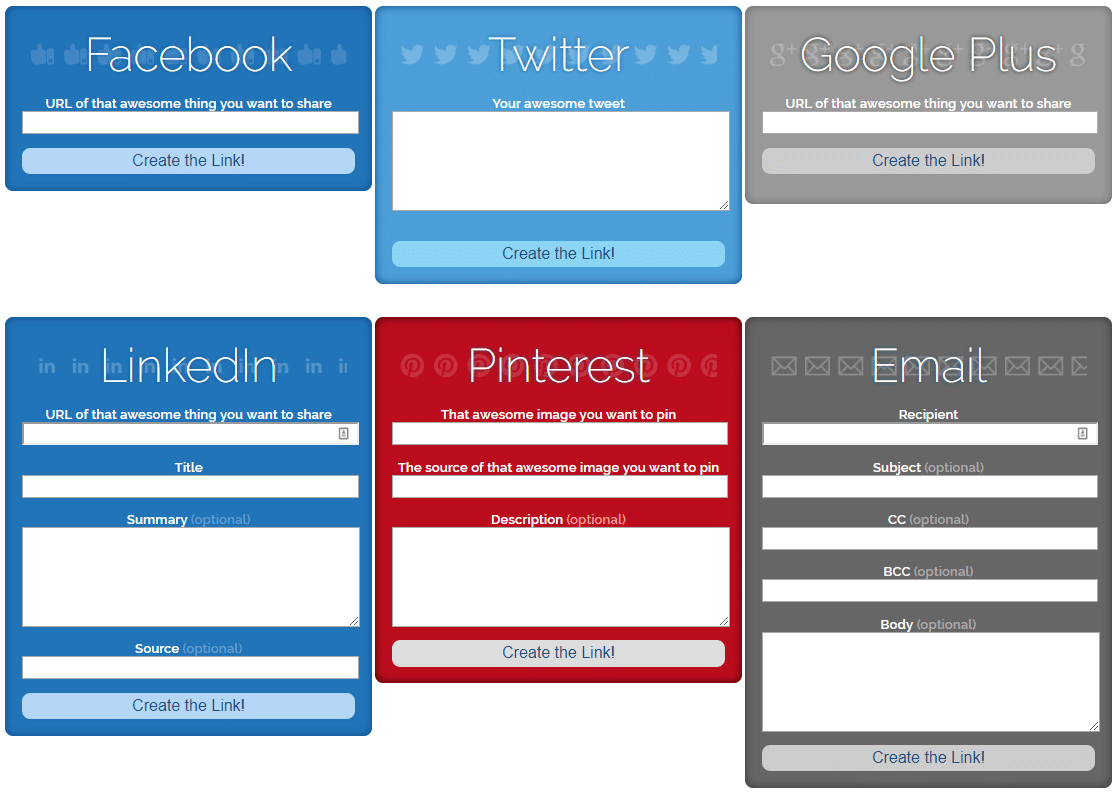 www.sharelinkgenerator.com offers generators for a number of different posting links