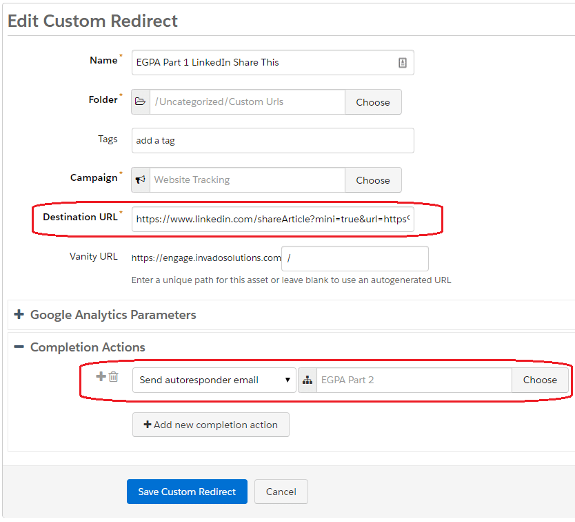 Add your generated link into the "Destination URL" field and then add your Completion Action